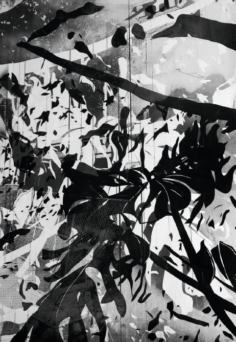 Maxime Duveau, Sweet Tropical Forest, 2020 Fusain, sérigraphie et graphite sur papier, 76 x 56 cm Courtesy artiste et Backslash