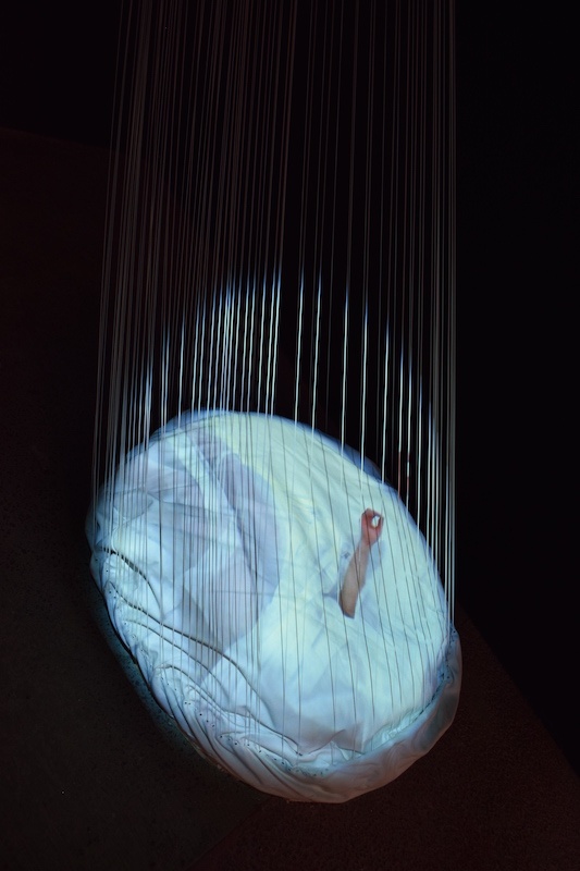 Sunmi Kim, Abri dans la tempête - refuge intérieur Installation vidéo, 2015, Poudre de marbre et pigments sur le toile et fils élastiques blancs, Dimensions variables Photo Gwen Le Bras