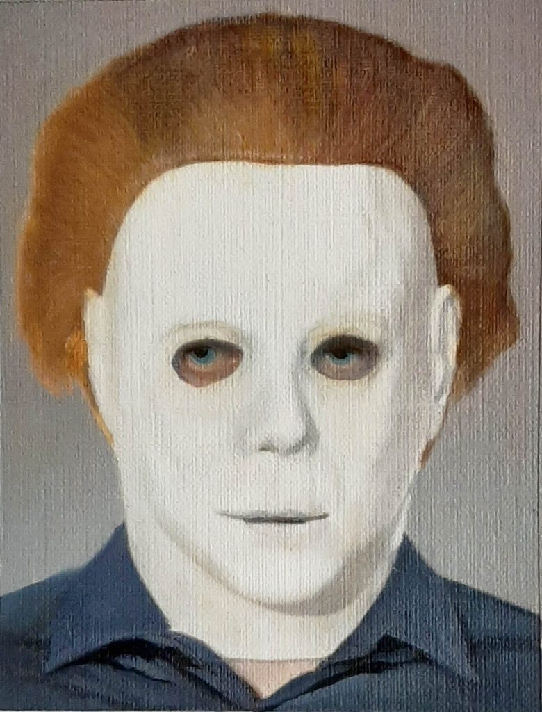 Substitution (faux masque de Michael Myers), huile sur papier entoilé, 10x13 cm, 2021.