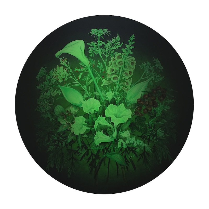 Natacha Mercier, Beautiful poison. Acrylique sur toile, 150 cm de diamètre, 2019