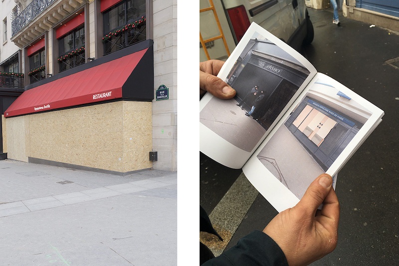 Sandrine Marc, gauche : photographie extraite d'un ensemble de 225 images documentant les vitrines barricadées, à Paris, en décembre 2018 droite : prototype de livre montré le 8 janvier 2020 à Paris