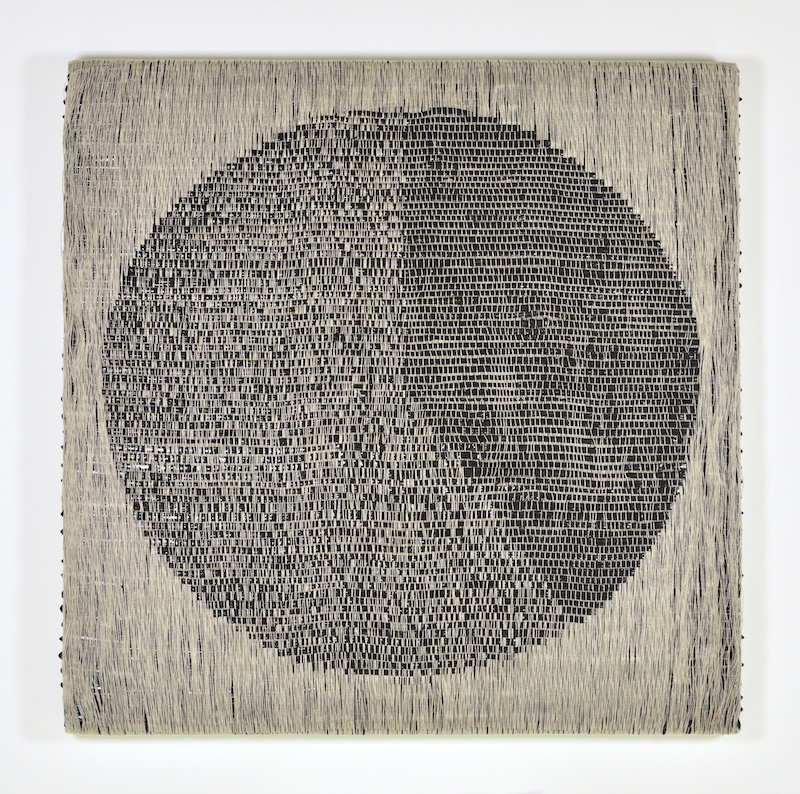 Analia Saban Pie Chart (40%, 60%) (Black on White), 2022 Woven acrylic paint and linen thread on panel 86.4 x 86.4 x 5.1 cm