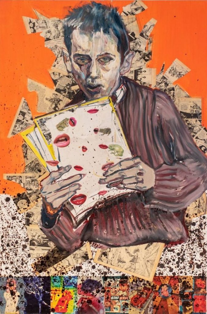 Tomáš Jetela „Reader and Kisses“ - 2020 – Huile et collage sur toile – 150 x 100 cm, Courtesy de l'artiste