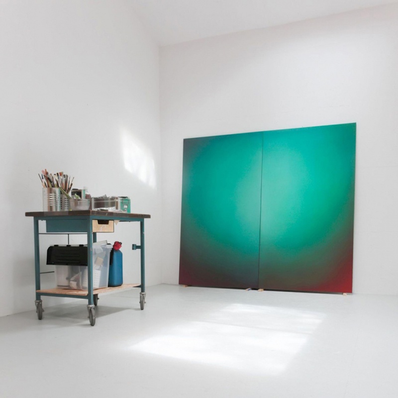Emmanuelle Leblanc, Diffuse vert-écarlate, 2021. Diptyque huile sur toile 180x200cm