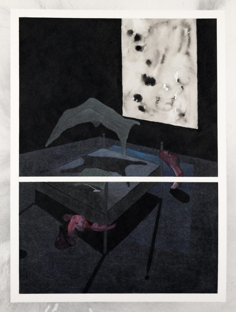 Laurent Dumortier - Dans de beaux draps, 2022.56,5 x 42,6 cm, charcoal, colour pencils, ink, acrylic, watercolour on Arches paper - Michèle Schoonjans Gallery Bruxelles