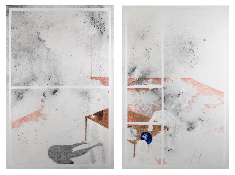 Laurent Dumortier - Diptyque Le repas ensemble, 2022. 97 x 64 cm (x2), charcoal dust, colour pencils, acrylic on Japanese Kozo paper - Michèle Schoonjans Gallery Bruxelles