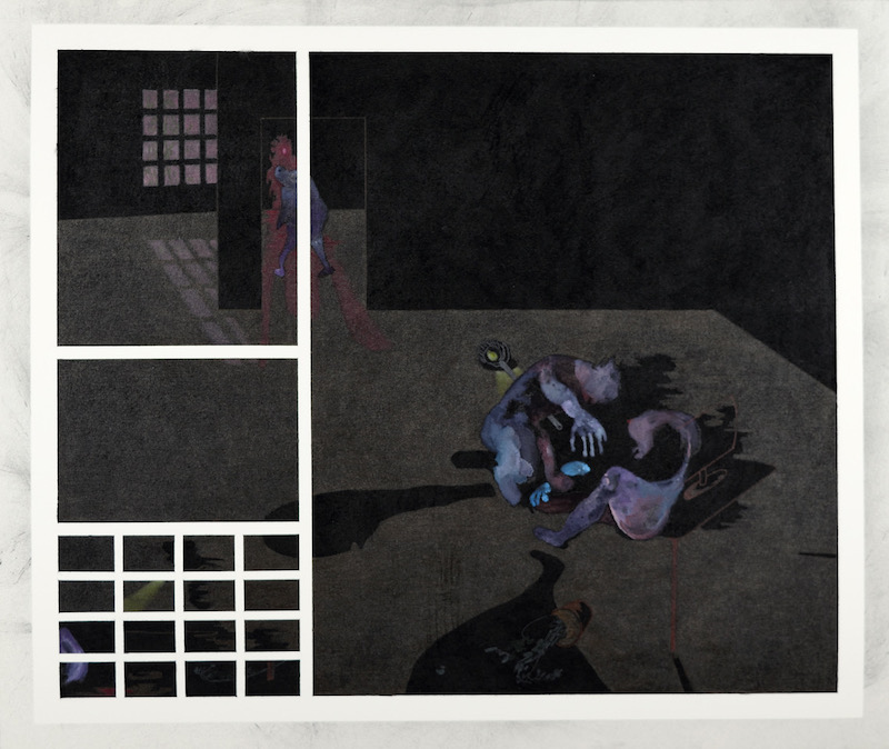 Laurent Dumortier - Douze nuit, 2022. 56,5 x 66,7 cm, charcoal, colour pencils, acrylic, watercolour on Arches paper - Michèle Schoonjans Gallery Bruxelles