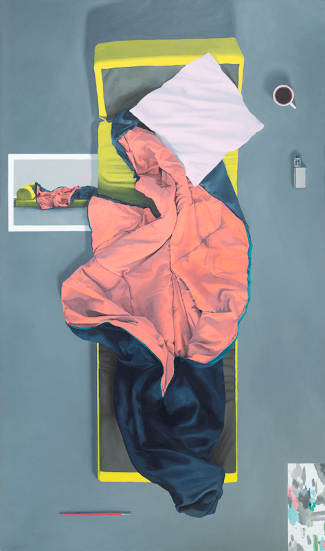 Marius Pons de Vincent, Le lit d’appoint, huile sur bois, 150 x 90 cm, 2019