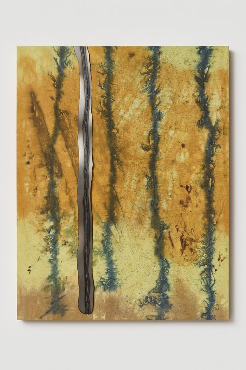 Amandine Guruceaga, Your Scar is a Line, 2023, tissus teintés, acier brûlé sur bois, 122 x 95 x 5 cm, @Jc Lett