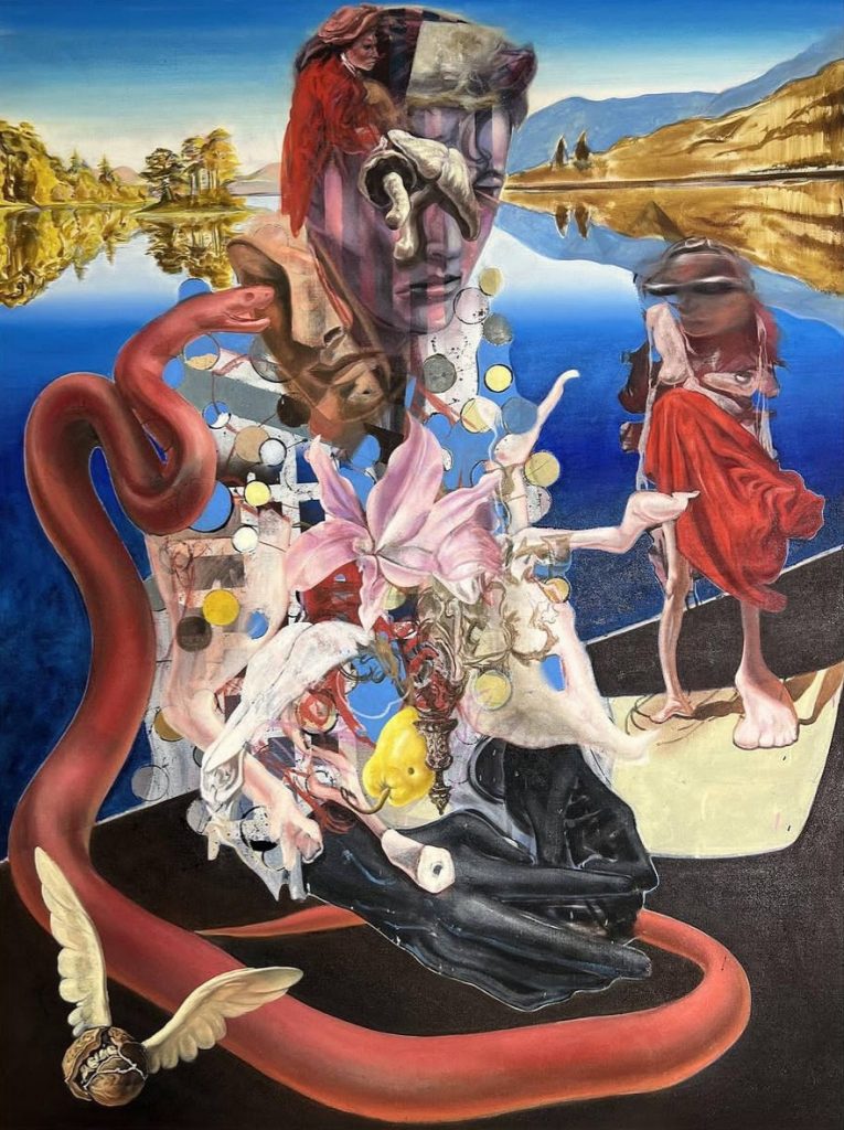 Tomáš Jetela, Noix volant entre le lustre invisible et le peintre caché , 200 x 150 cm, huile sur toile, 2023