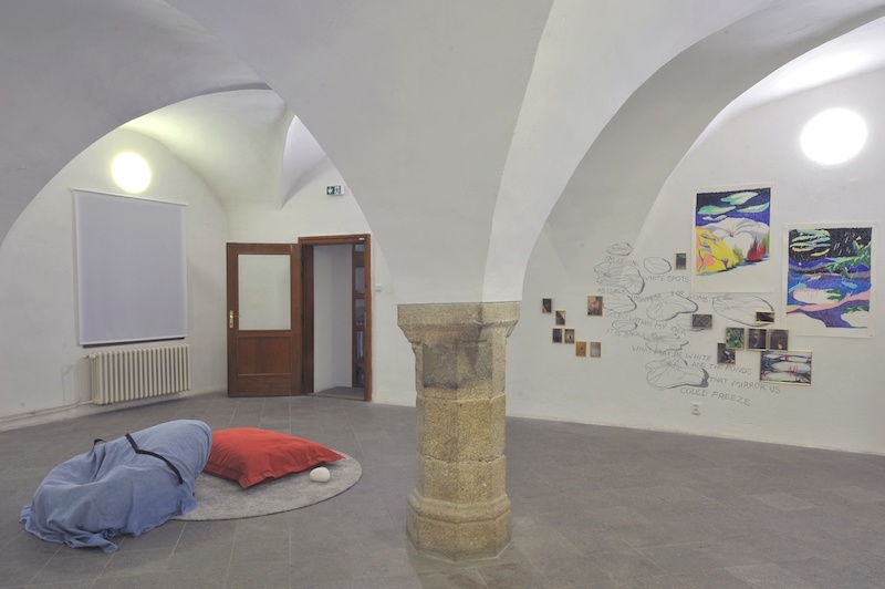 Exhibition view. From the left: Veronika Olejárová: Fasten your seatbelts!, installation, 2023. Pamela: Moorning, noon. Installation, 2023. Wall painting, photography, poem. Photo: Pavel Petrov, OGV Jihlava.