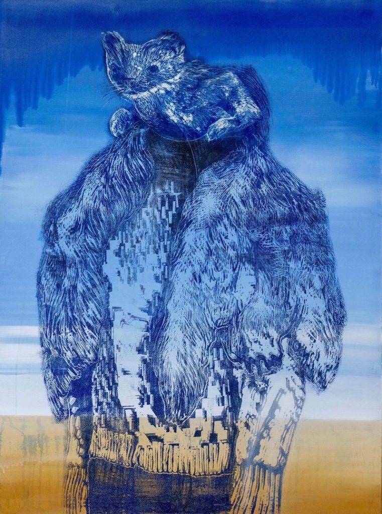 Tereza Lochmann, Hermine bleue, Gravure sur bois et acrylique sur toile, 130 x 97 cm, de la série “Urban Circus”, 2023
