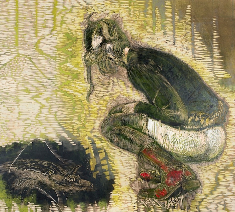 Tereza Lochmann, La pisseuse, Relief et encres lithographiques sur bois, 110 x 122 cm, 2021