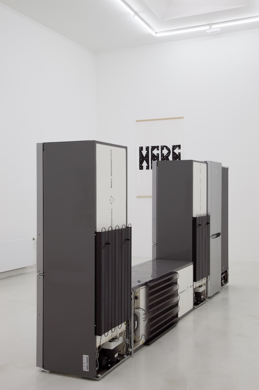 Vue de l’exposition « here / there / where » aux Bains du Nord – FRAC Bourgogne – 2016 Avec les artistes Jean Dupuy, Matias Faldbakken et Steven Parrino - Crédits photos FRAC Bourgogne, 2016