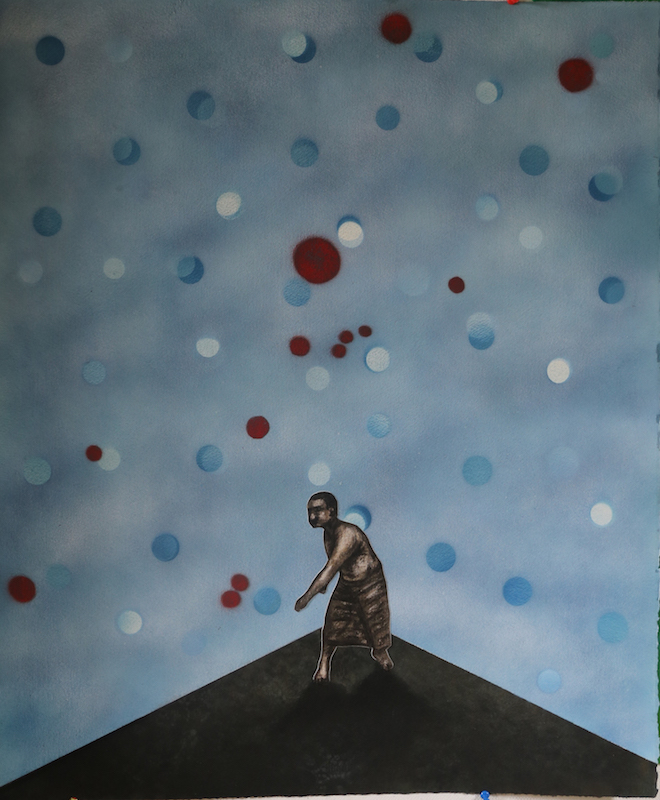 YIA ART FAIR #07 (Paris, Le Carreau du Temple). PK, Dancing with the Flag II, 2016, charcoal, collage, pastel, bombe et papier, 69x57cm. (courtesy Art Lab Africa, Nairobi)