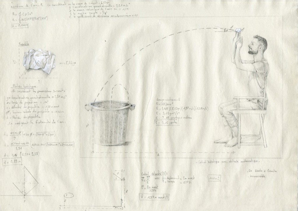 Jean-Charles Bureau, Calcul balistique avec obstacle mathématique, 2015, Crayon gris sur papier verger, 32 x 44 cm
