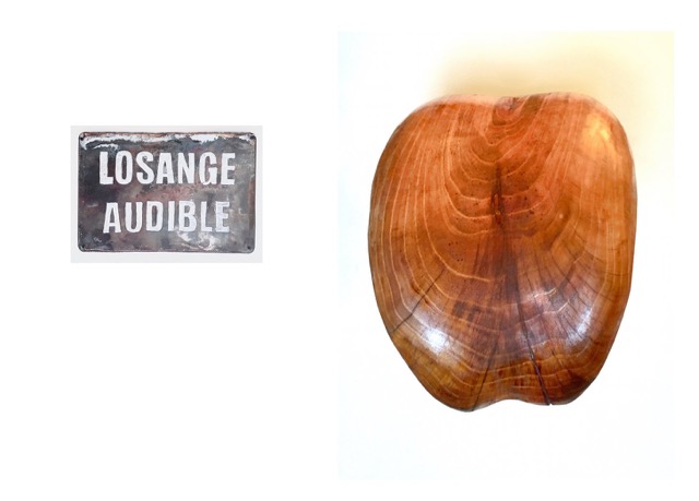 « Losange audible »- 2020 - Valérie Champigny - Anagramme de « La langue de bois » - Sculpture en robinier 60 x 30 cm.