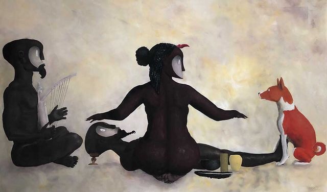 Charles Bourdette, Stèle sacrée de la forêt des abeilles, 2021 135x225 cm Acrylique sur toile