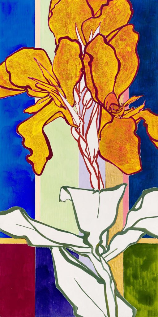 Robert Kushner, Cannas - Amber, 2020 Huile, acrylique et feuille d’or sur toile 182,9 x 91,4 cm © Steven Bates Courtesy de l’artiste et de la Galerie Nathalie Obadia, Paris/Bruxelles
