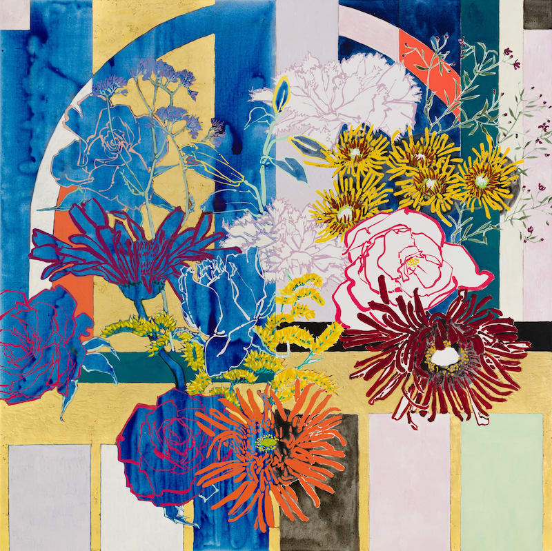 Robert Kushner, Large Bouquet Basket, 2020 Huile, acrylique et feuille d’or sur toile 182,9 x 182,9 cm © Steven Bates Courtesy de l’artiste et de la Galerie Nathalie Obadia, Paris/Bruxelles