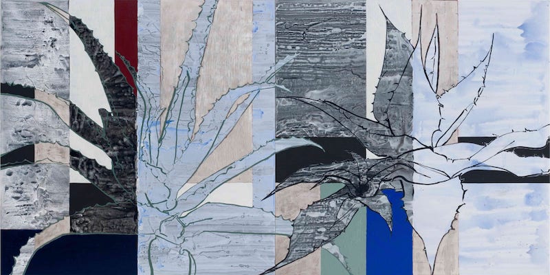 Robert Kushner, Two Old Friends, 2015 Huile, acrylique et feuille de palladium sur toile 182,9 x 365,8 cm © Steven Bates Courtesy de l’artiste et de la Galerie Nathalie Obadia, Paris/Bruxelles