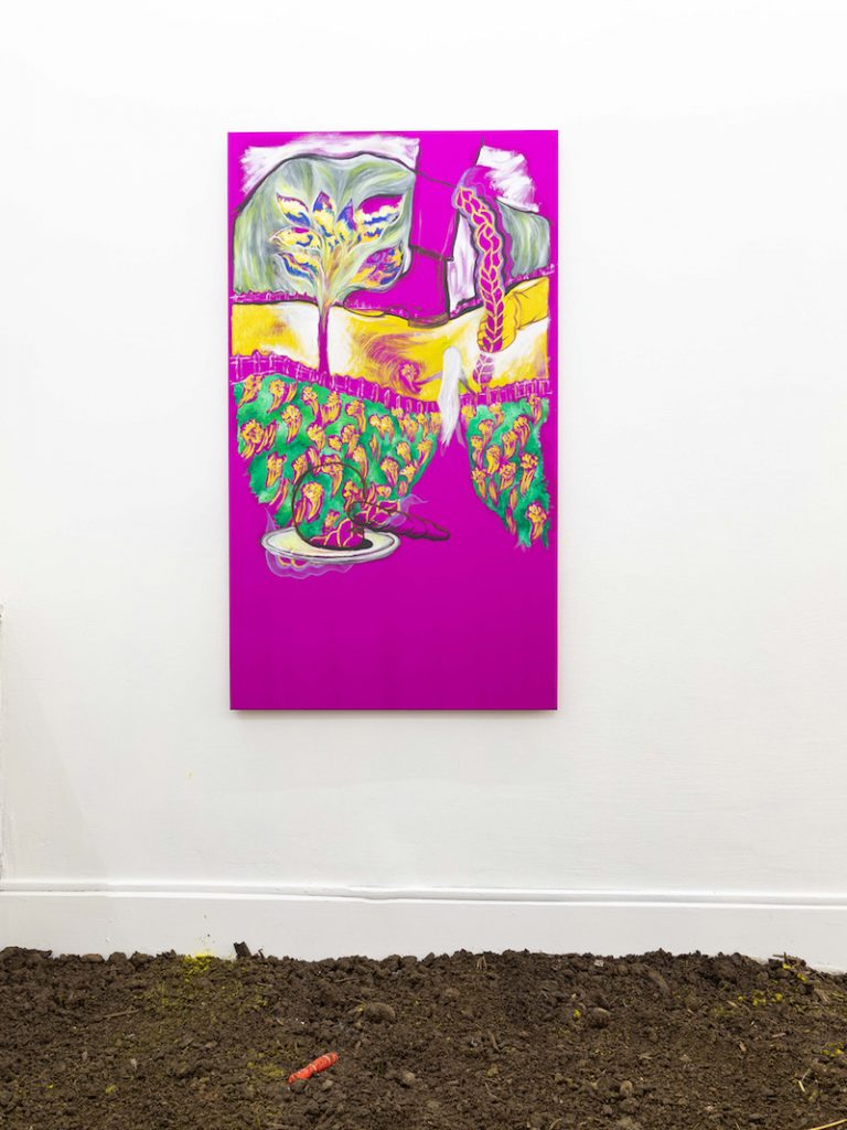 Camille Tsvetoukhine, Fuchsia dans les chants, 140x110cm, peinture à l'huile, pastel sec, soie, 2023