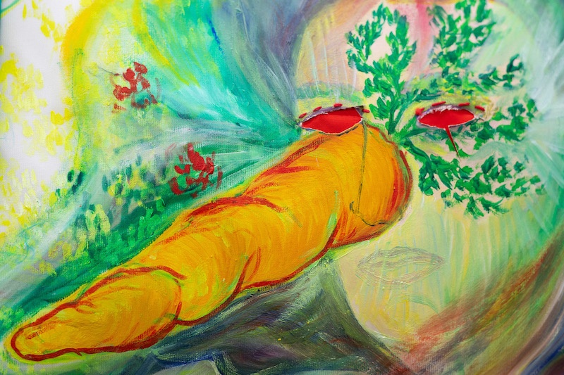 Camille Tsvetoukhine, Les yeux rouges, 140x40cm, peinture à l'huile, pastel gras, pastel sec, soie, velours, 2023