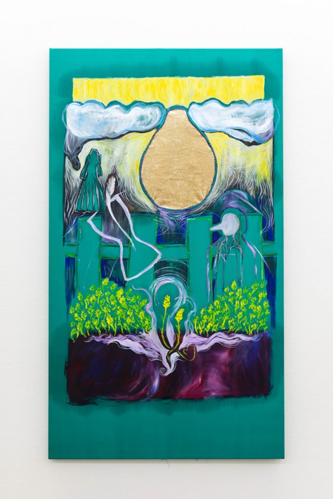 Camille Tsvetoukhine, Au delà du blé, 140x110cm, peinture à l'huile, pastel sec, fil, soie, velours, 2024