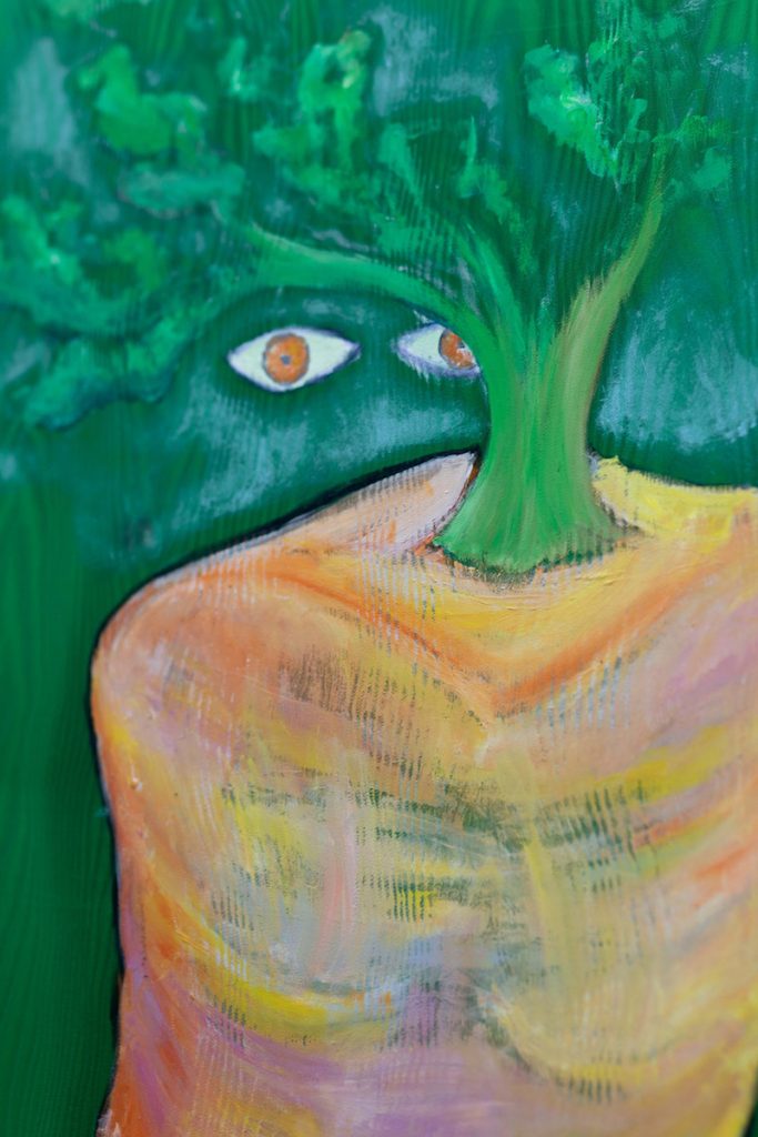 Camille Tsvetoukhine, L'homme carotte, 140x40cm, peinture à l'huile, pastel sec, terre, encre, résine, 2023